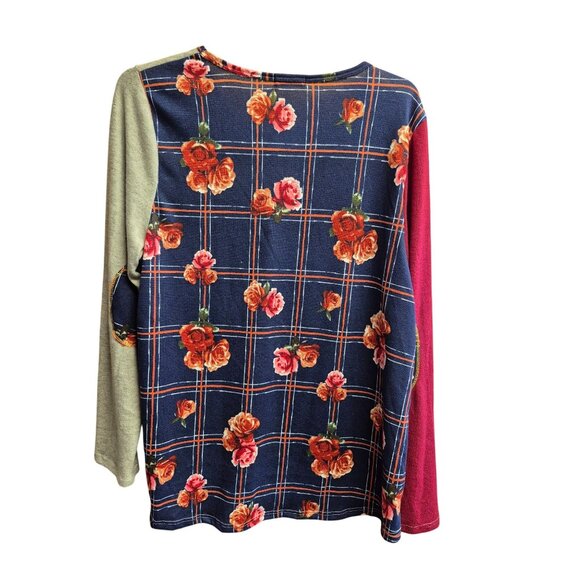 Color Block Long Sleeve T-Shirt With Floral Pocket 3X - Picture 7 of 9